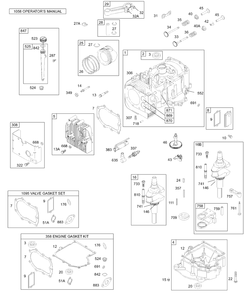 Cylinder, Piston/Ring, Crankshaft, Gasket Kits, Sump Diagram and Parts List for 28B706-1030-XX  Briggs and Stratton Engine
